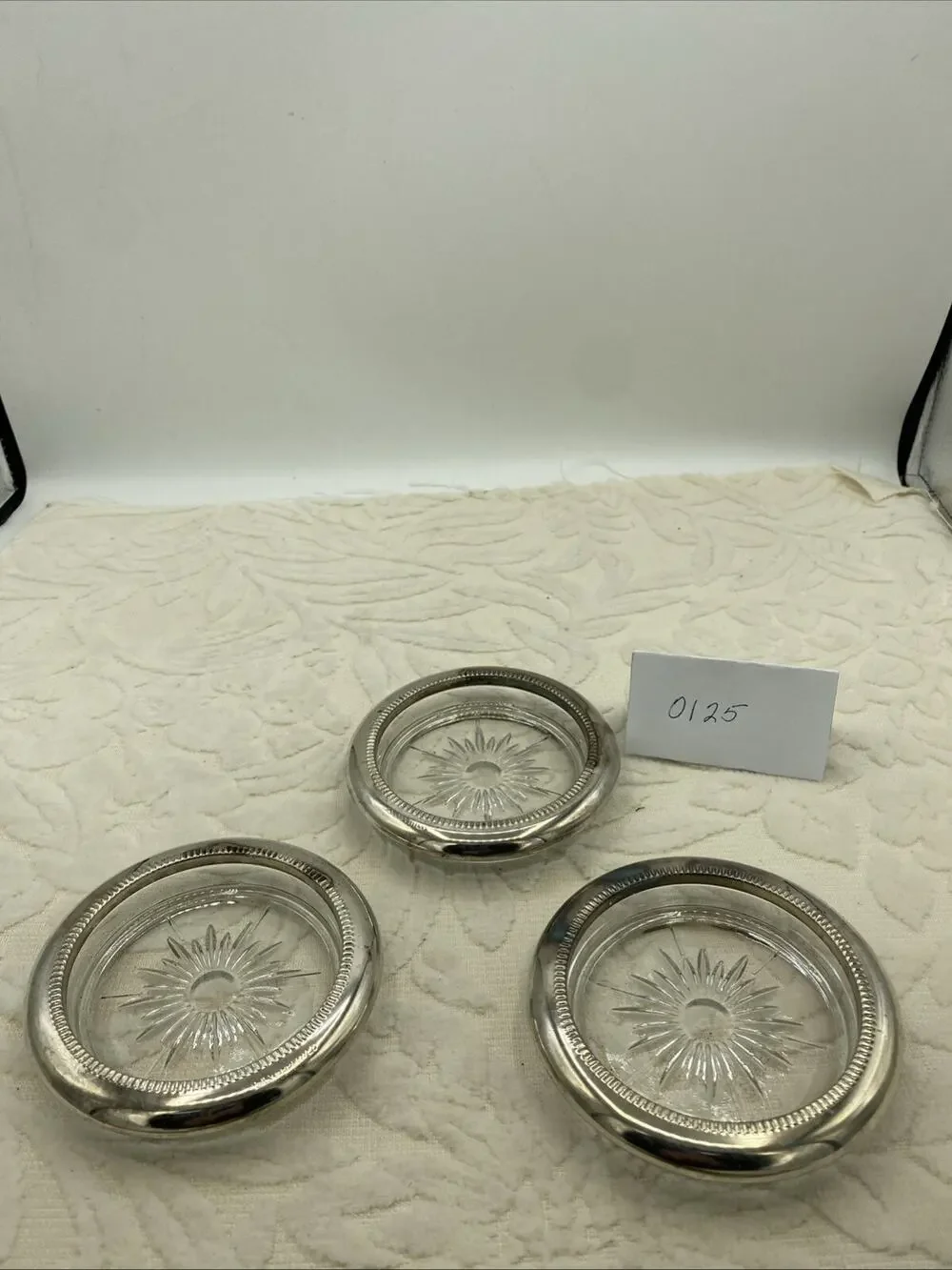 Vintage Leonard Silver Plated Coasters (3) Crystal Glass Sunburst 3.75” Diameter